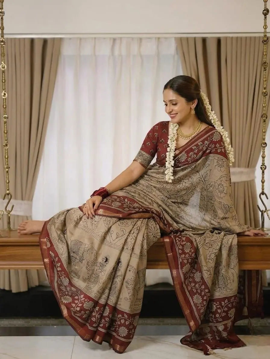 Heritage Kalamkari Mul Mul Cotton Saree - Brick Red